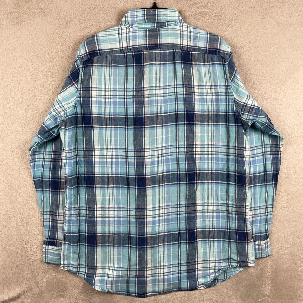 LL Bean Shirt Men LT Large Tall Blue Plaid 100% Linen Slightly Fitted Button Up - Picture 3 of 12